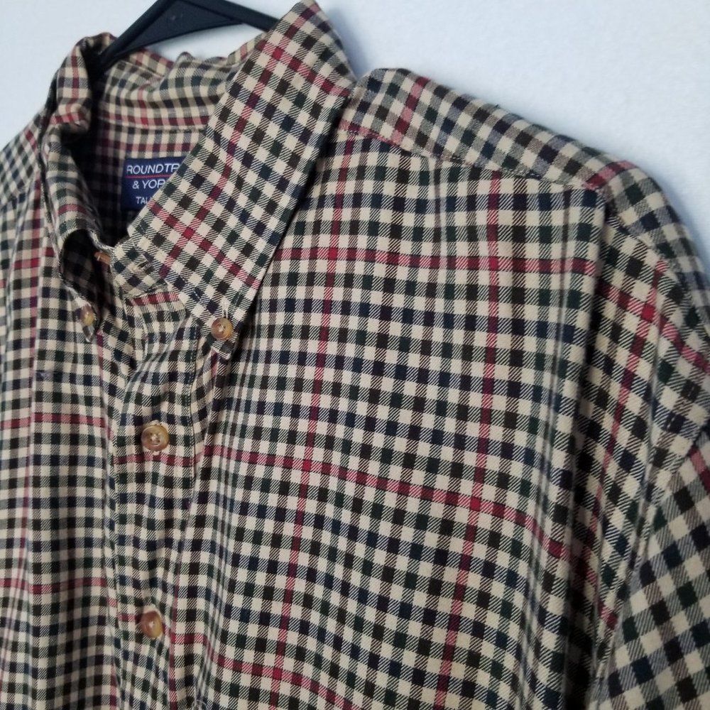 💚3/$15 Roundtree & Yorke Plaid Button Up Shirt Brown Long Sleeve Large Tall